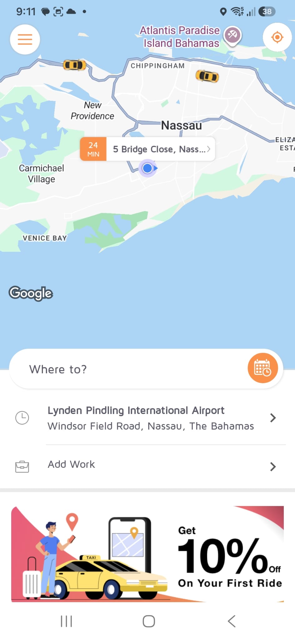 Pick Me Up 242 app home screen showing Nassau and the airport shortcut