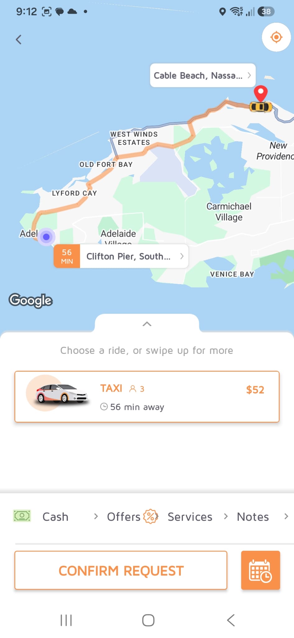 Pick Me Up 242 app showing a ride request to Cable Beach